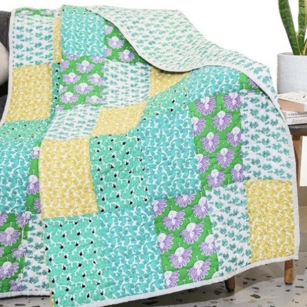 Quilted Patchwork Throw Blanket Multi Green 100% Cotton Block Print Animal‎